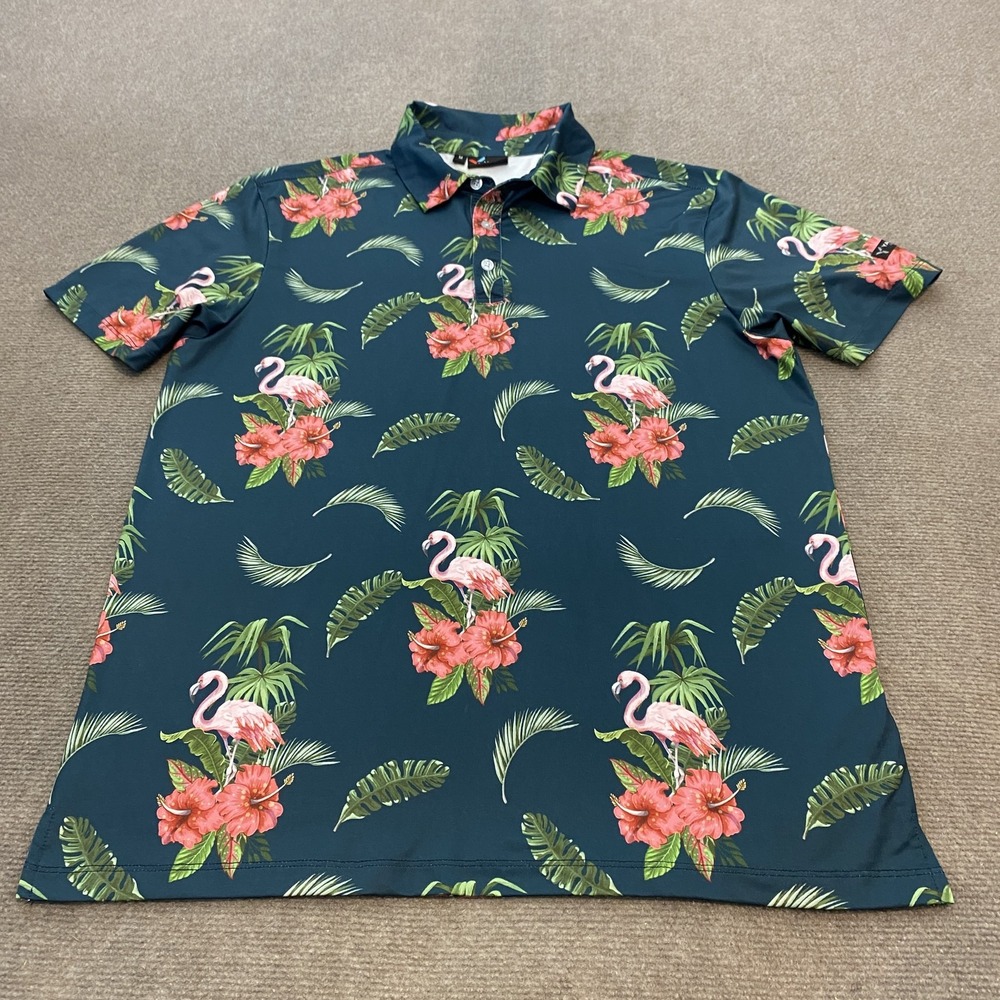 Yatta Golf Polo Shirt Mens M Golf Flamingo Floral‎ Hibiscus Stretch Performance